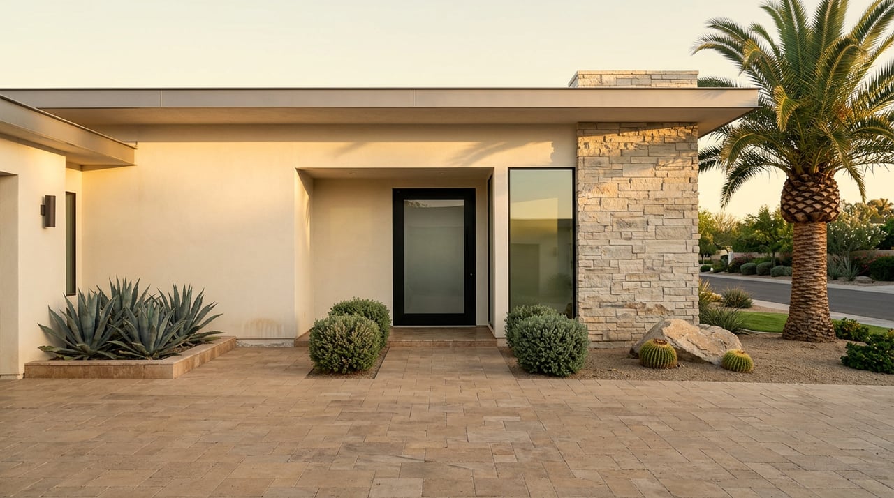 Desert-modern home entry with a blackened steel door, stone accent wall, palm, and agaves beside a travertine motor court.