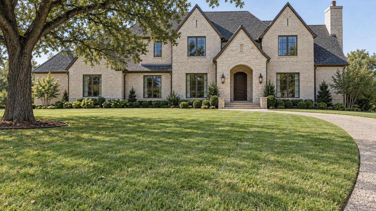 Expansive lawn leading to an ivory brick and limestone estate with steep dark gables and a mature spreading oak.