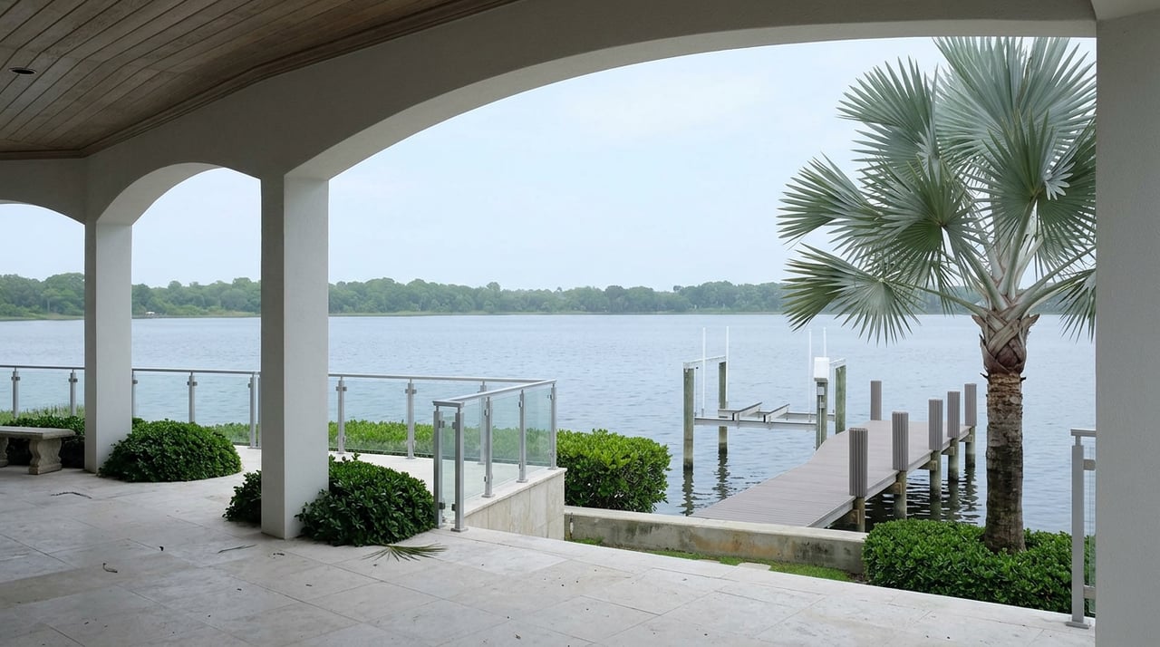 Curved white-stucco loggia overlooking a lake, with a dock, empty boat lift, and silver-blue palm.