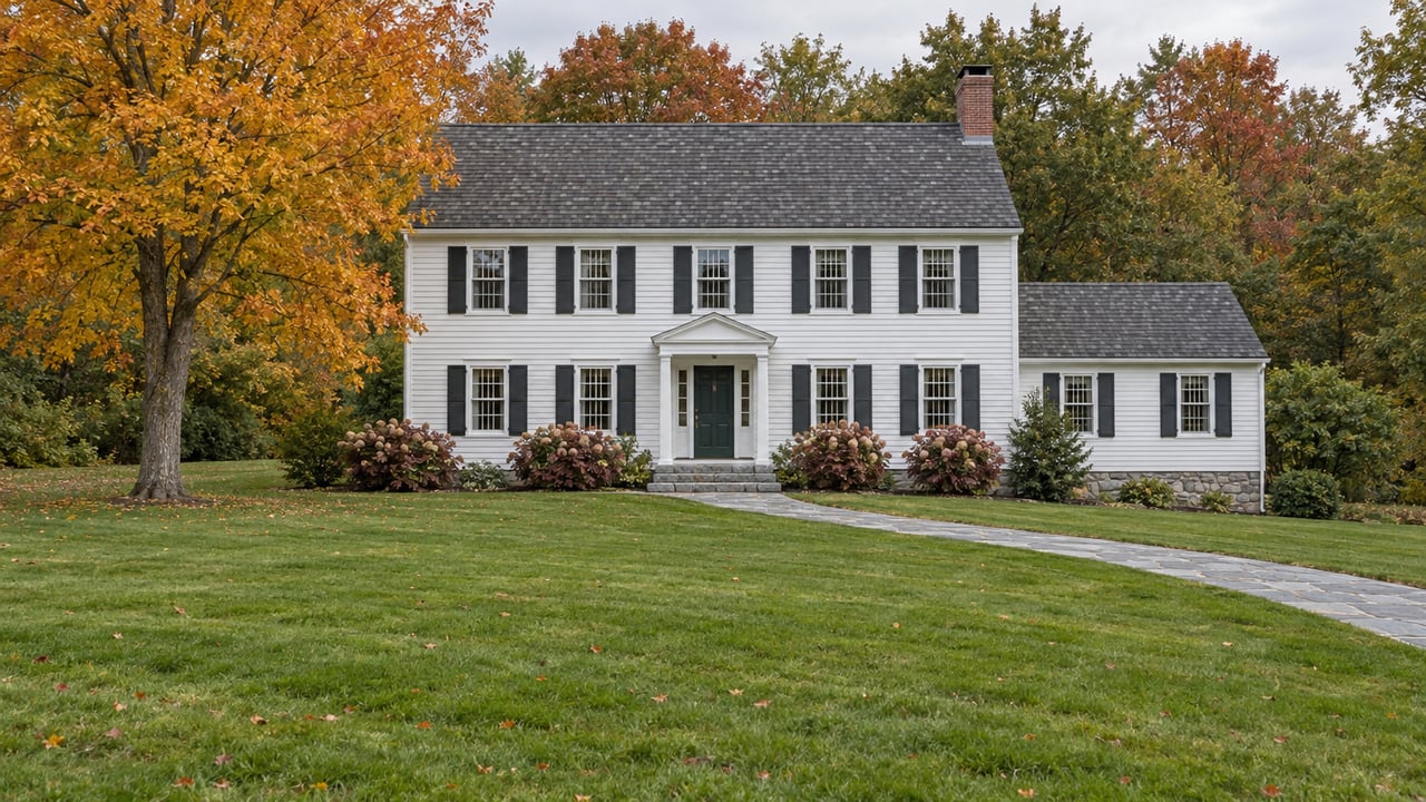 White clapboard home with dark shutters beyond a deep autumn lawn, framed by a mature amber maple and russet oak crowns.