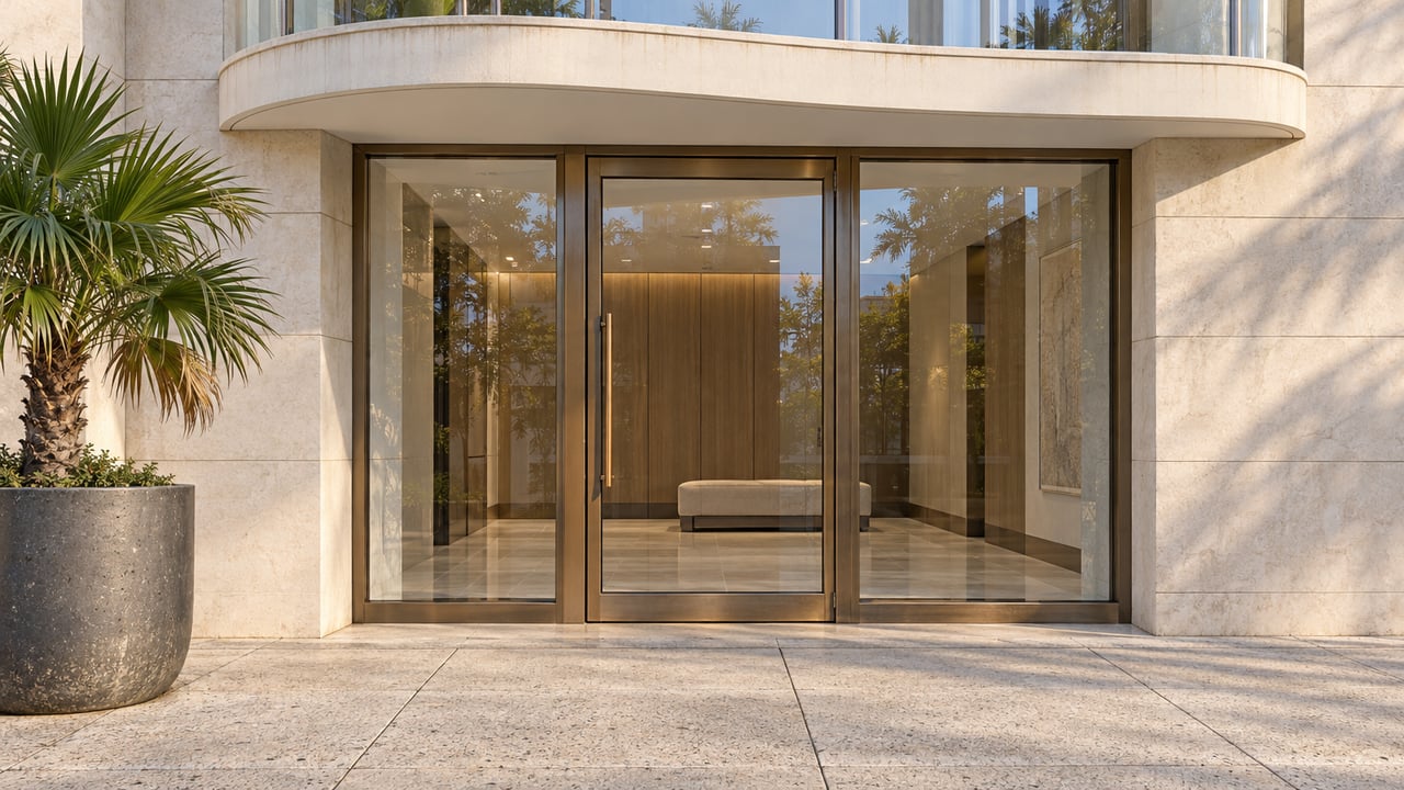 A limestone-clad residential entrance with bronze-framed glass, a curving ivory balcony, and one fan palm in a charcoal planter.