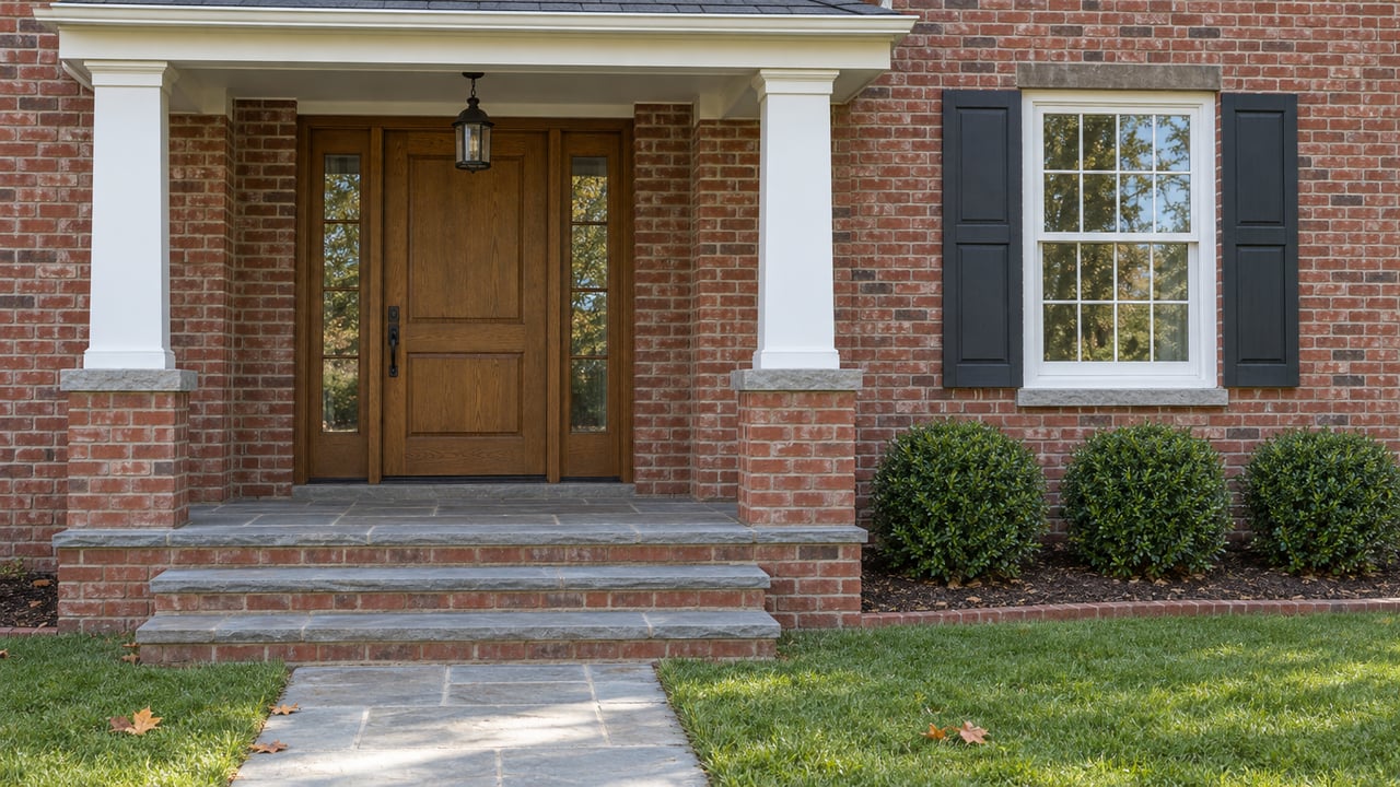 Brick house entrance with a warm wood door, white porch columns on brick piers, bluestone steps, and a divided-pane window.
