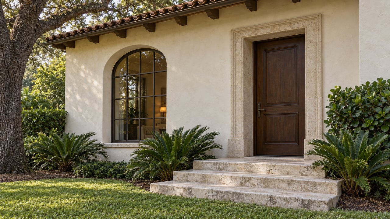 Ivory-stucco villa entrance with an arched divided-light window, timber door, limestone steps, and leafy branches.