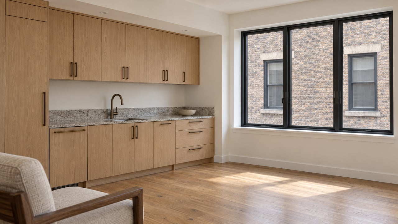 Daylit apartment kitchen with light oak cabinetry, speckled stone counters and an upholstered chair beside a wide window facing a brick building.