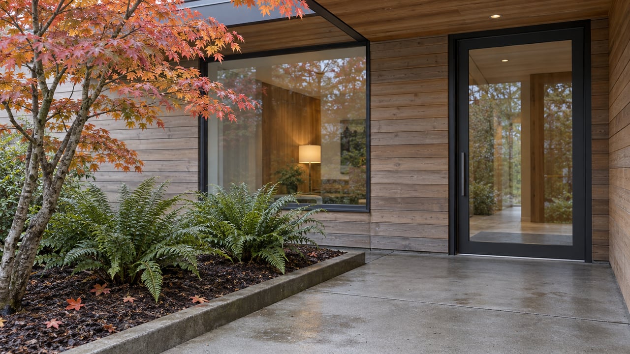 Covered contemporary home entrance with cedar siding, charcoal-framed glass, wet concrete and red-orange vine maple leaves.