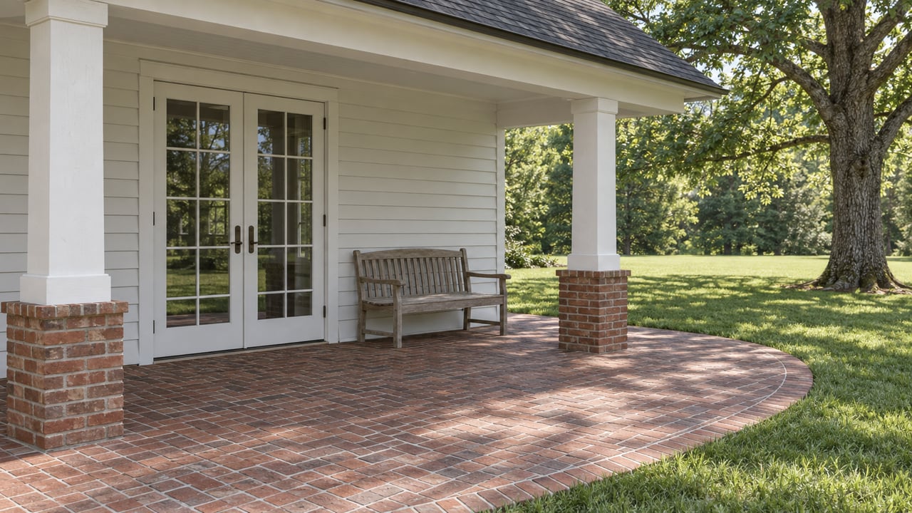 White clapboard rear veranda with closed French doors, square columns, a teak bench and a weathered brick terrace beside an oak-shaded lawn.
