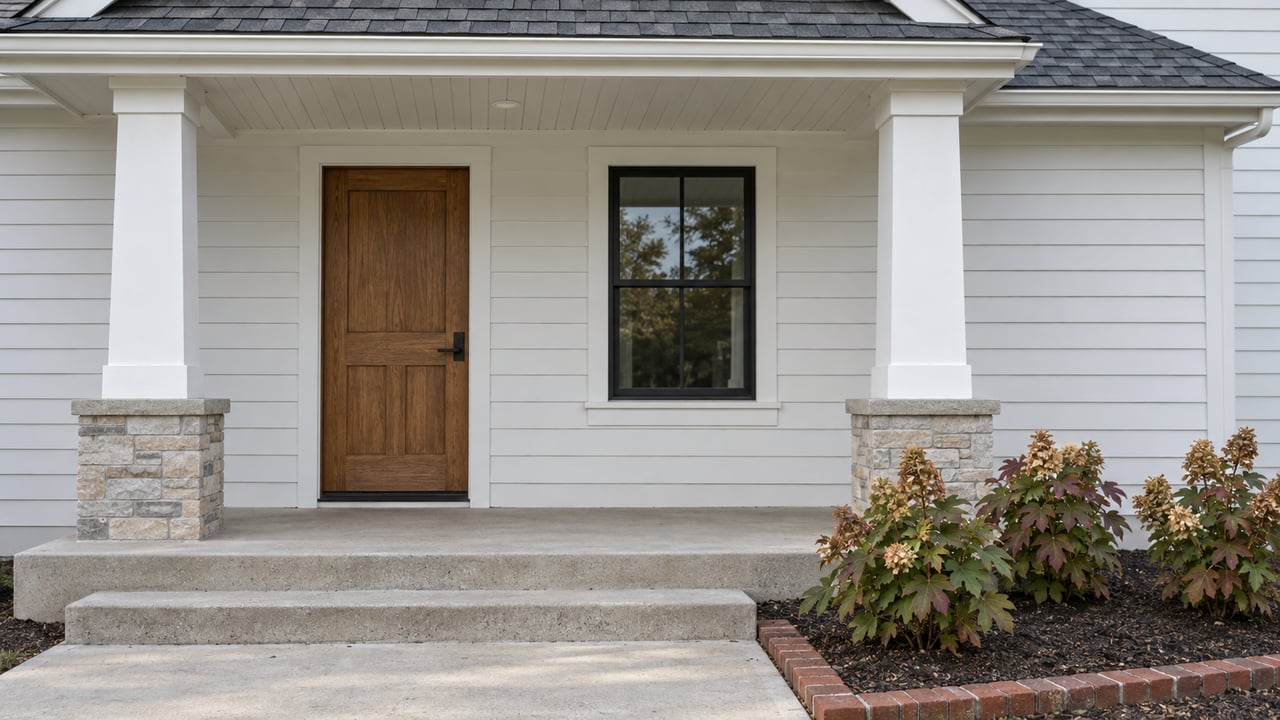 White lap-sided home entry with an oak door, black-framed window, concrete porch steps and oakleaf hydrangeas.