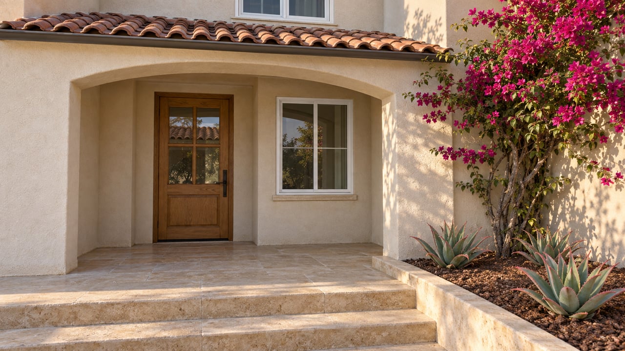 Sunlit stucco home entry with a glazed oak door, terracotta roof tiles, limestone steps, magenta bougainvillea and blue-green aloe.