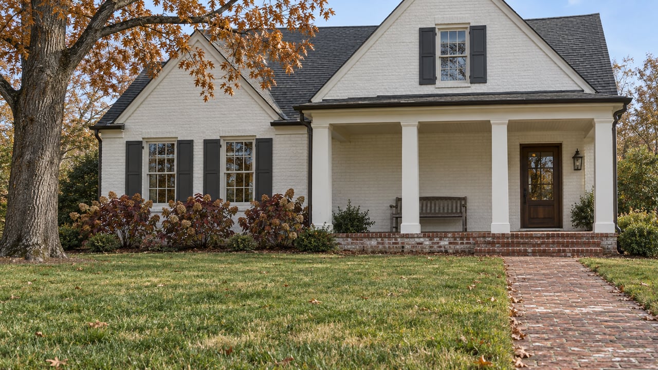 White painted-brick gabled home with a raised brick porch, broad autumn lawn and a mature oak tree.