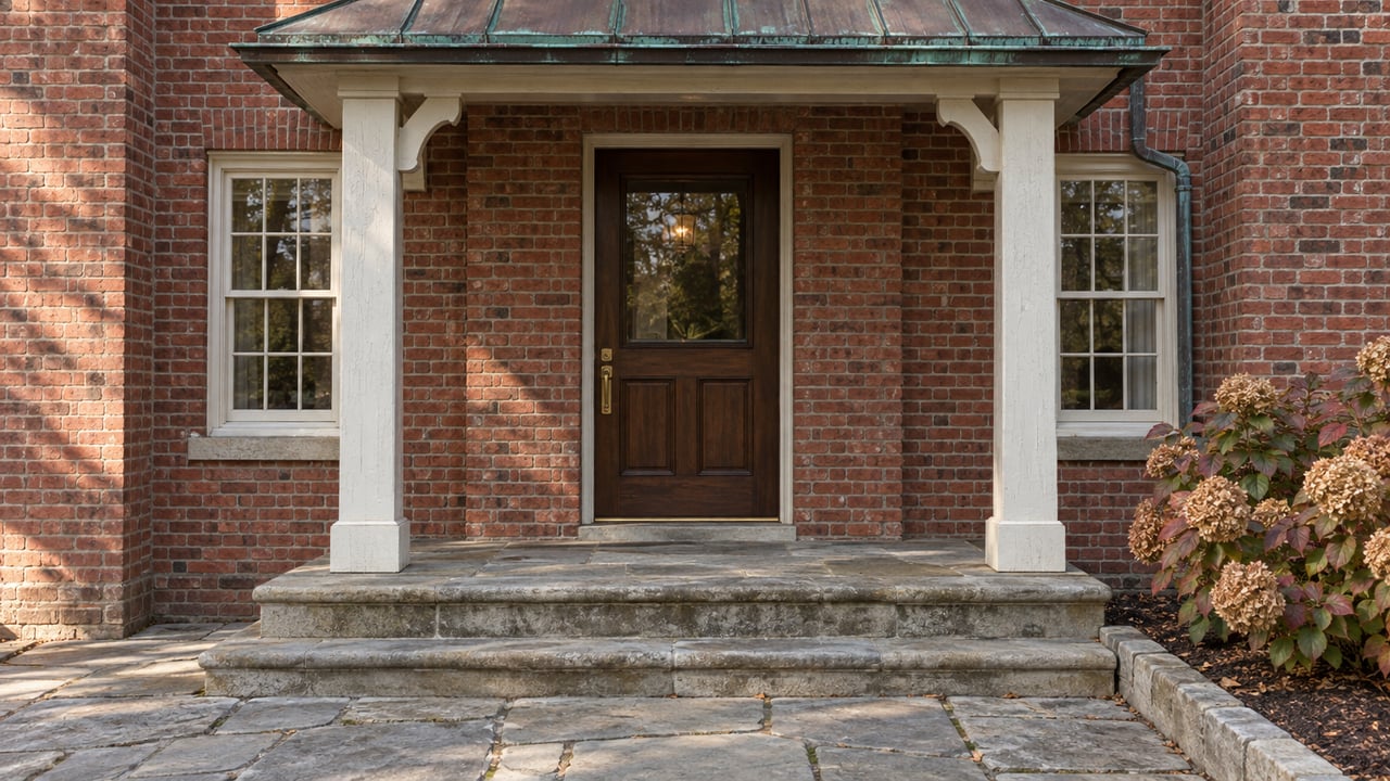 Brick home's oak front door beneath a weathered copper canopy, with matching sash windows, limestone steps and an autumn oakleaf hydrangea.