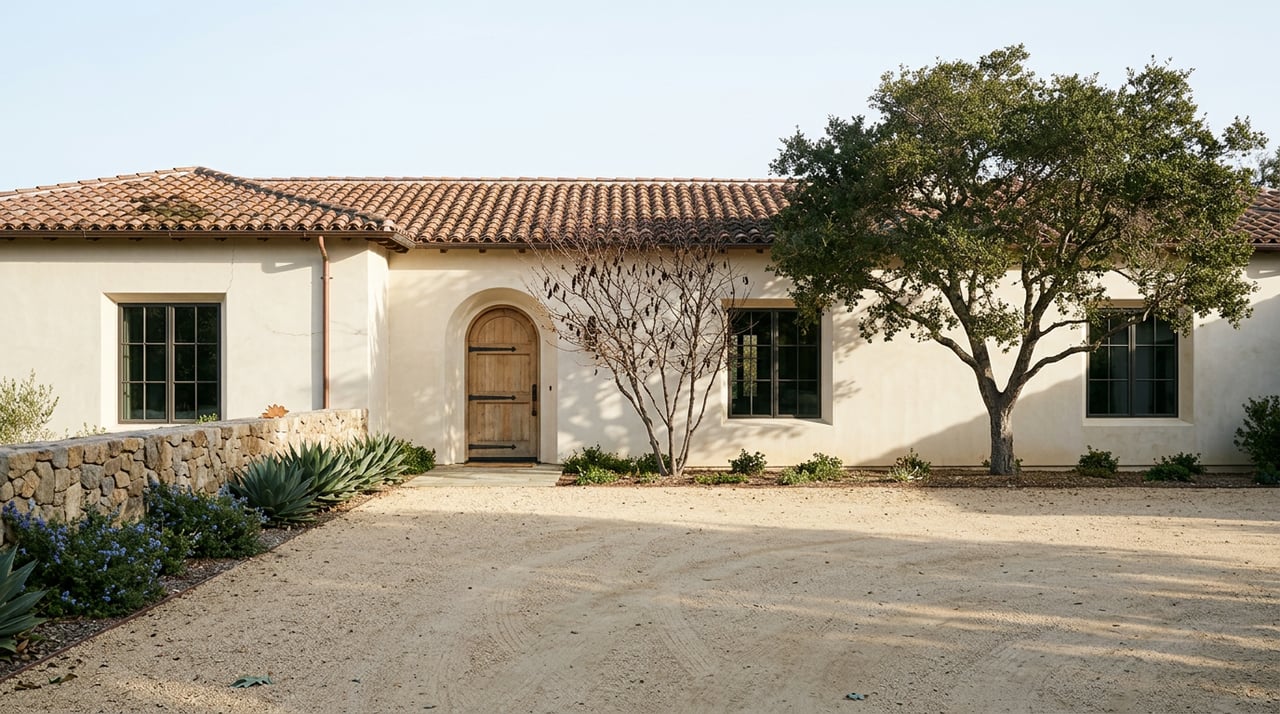 Spanish-style estate with a terracotta roof, oak tree, gravel courtyard, and low stone wall.