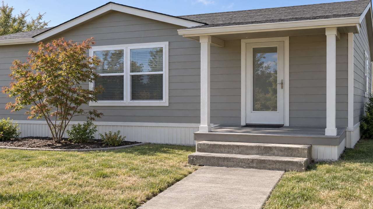 A modest single-story home with gray siding, a small covered entrance, concrete steps, and a compact front lawn.