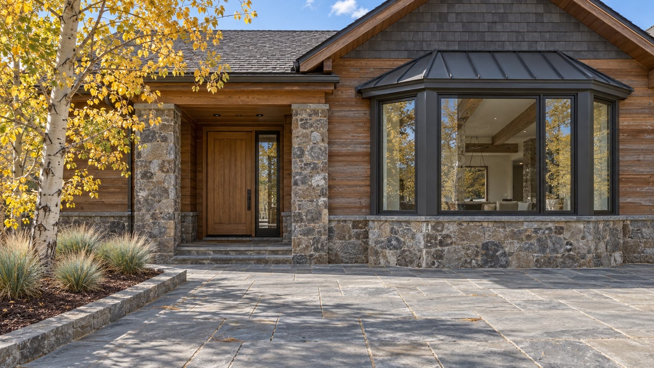 Sunlit cedar and stone home with a recessed entrance, black-framed window bay and sandstone terrace beside a yellow-leaved aspen.