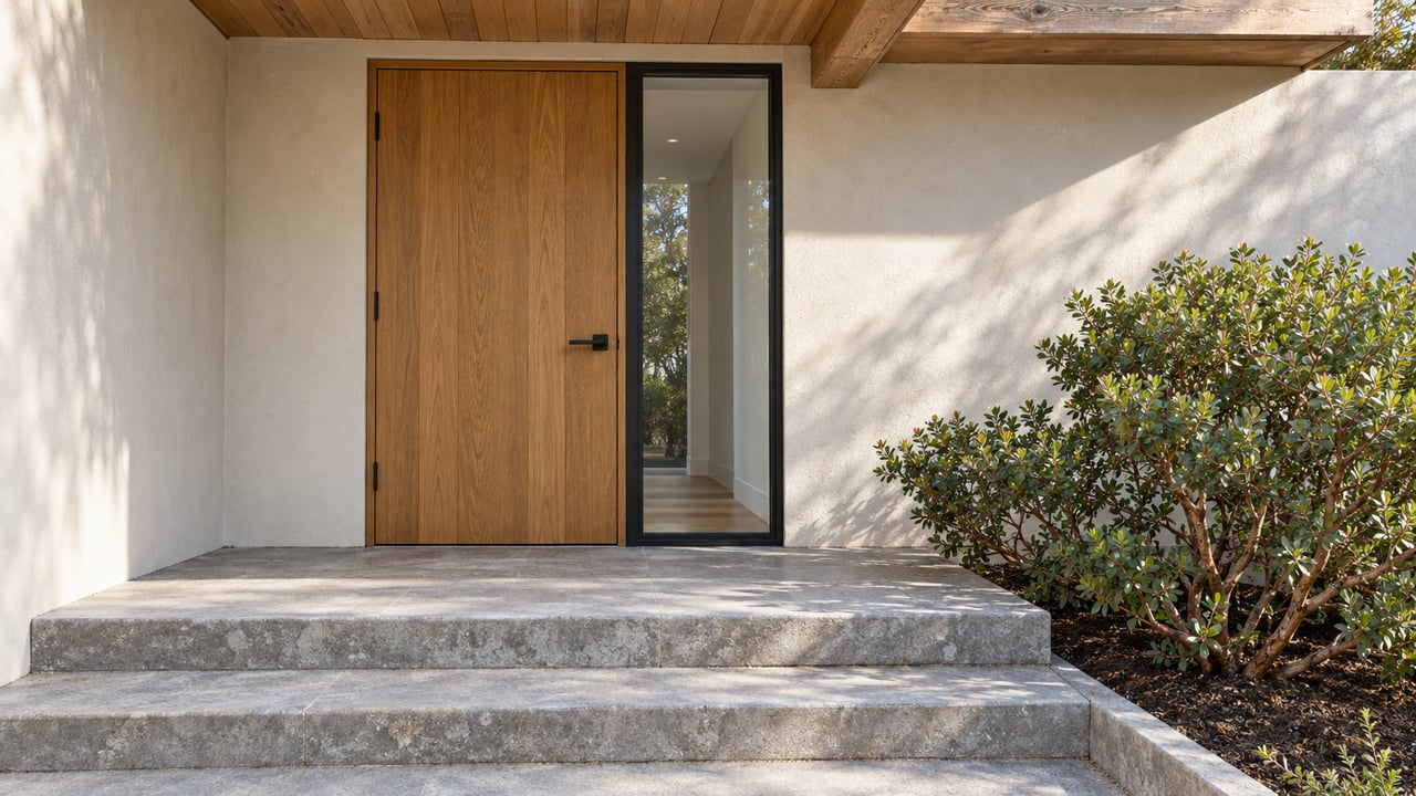 Timber-lined entry with an oak door, black-framed sidelight, worn limestone steps and a sculptural manzanita beside the landing.
