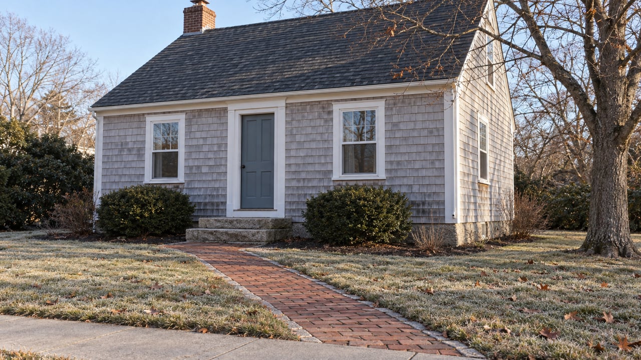 A pale gray shingled home with a blue front door, granite steps and a brick walkway crossing a frosty dormant lawn.