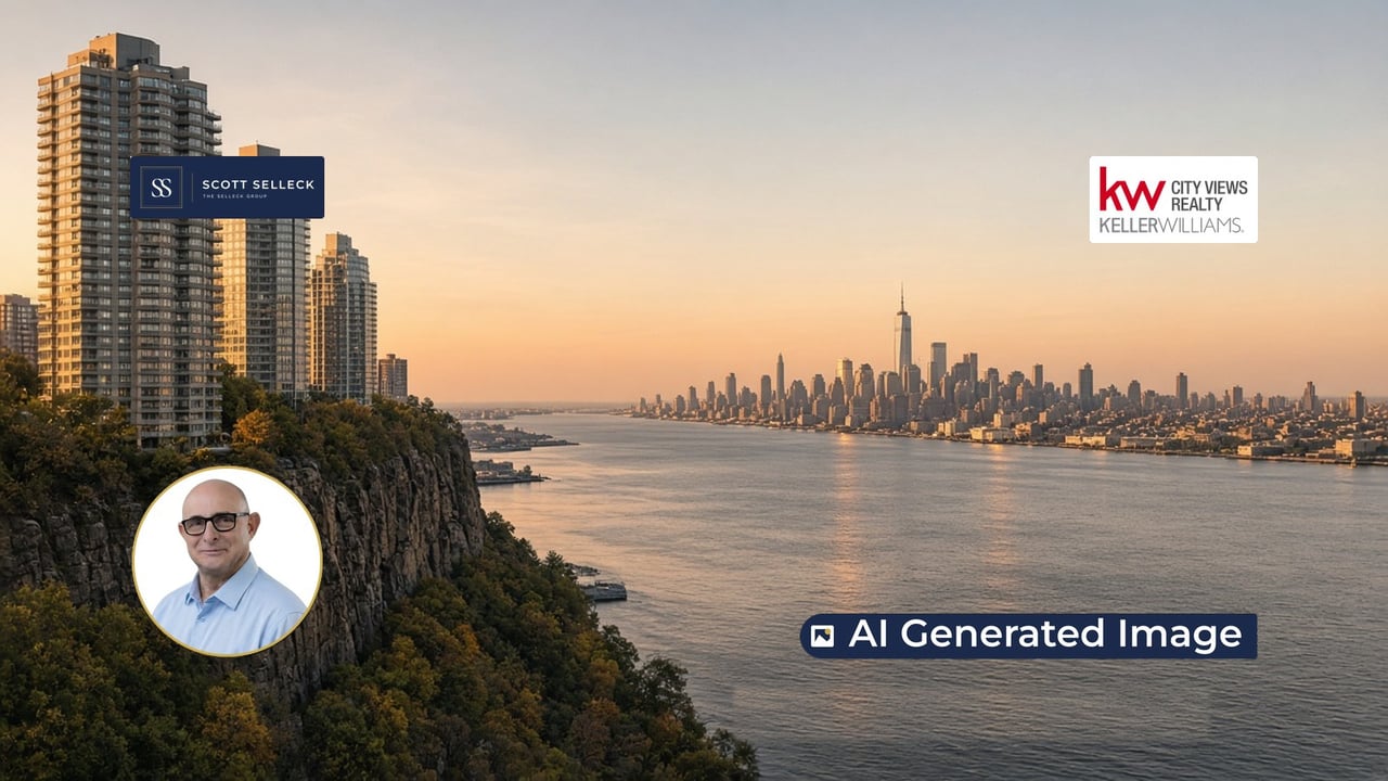 AI-generated photo-style background of Fort Lee, NJ high-rise towers on the Palisades overlooking the Hudson River and Manhattan skyline, with a real photo of Scott Selleck and the KW City Views Realty and The Selleck Group logos.