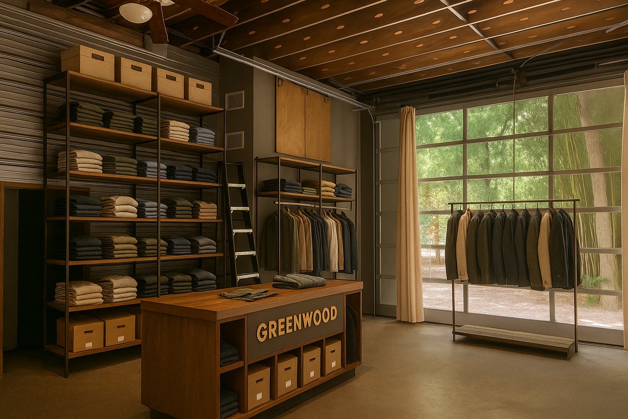 AI concept rendering of a possible use: a retail showroom with open shelving at 640 Tillery Street, East Austin. Not the current condition.