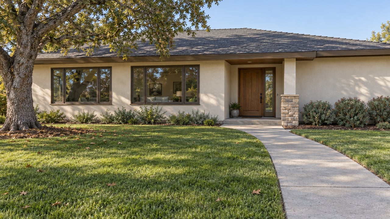 An ivory stucco ranch home with bronze-framed windows, a recessed oak entry, mature oak tree, and a concrete path crossing a deep front lawn.
