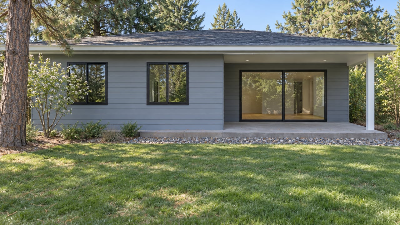 Rear of a gray-blue house with covered terrace, sliding glass doors, lawn, and mature trees.