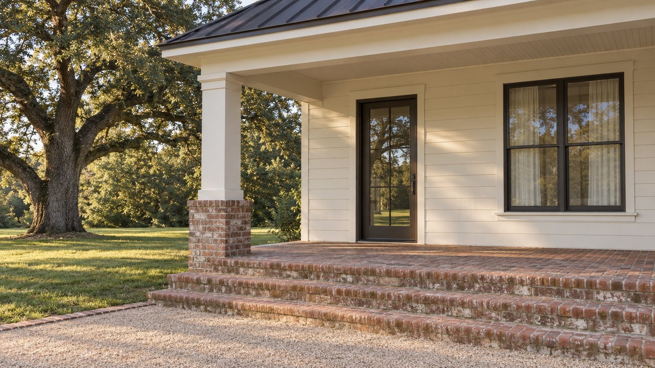 Warm afternoon light across a cream-sided home's covered brick porch, bronze-framed door and window, beside a mature spreading oak.
