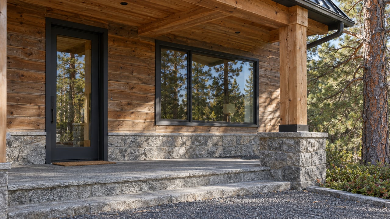Sunlit cedar cabin entry with charcoal-framed glass, rough granite steps and a mature ponderosa pine beside the porch.