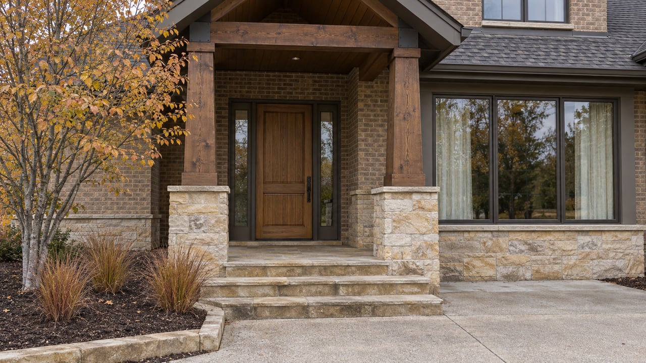 Autumn light on a brick home's covered timber entry, sandstone steps and copper-leaved serviceberry.