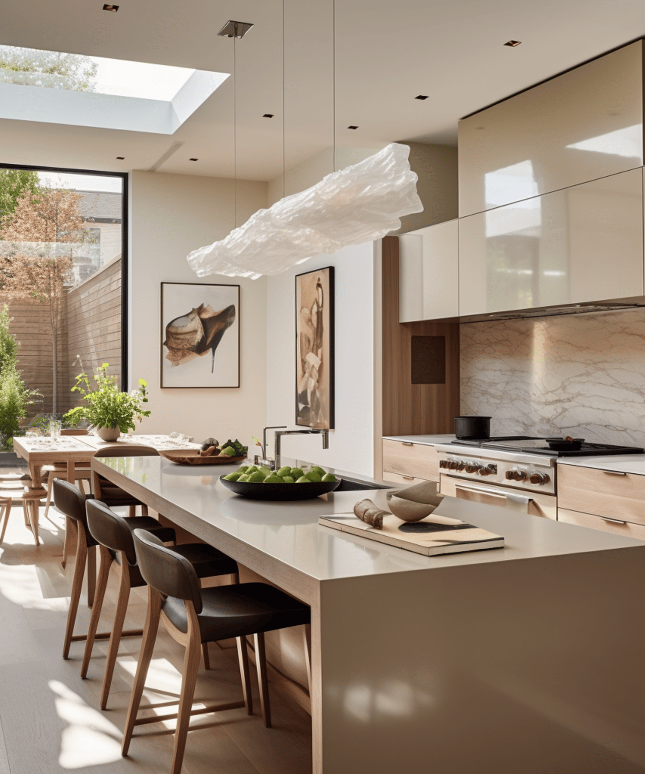 Contemporary kitchen with a long island, pale wood cabinetry, marble backsplash, and sculptural pendant light.