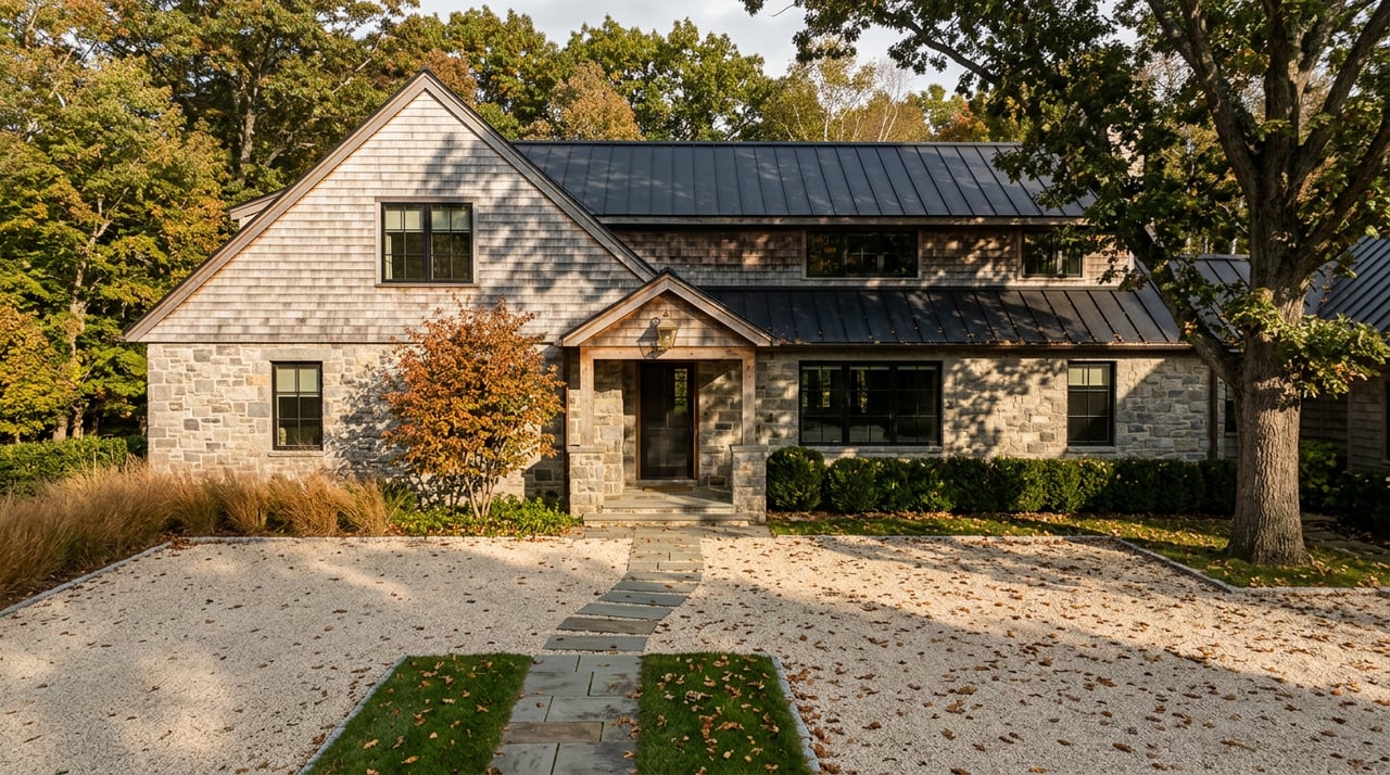Stone-and-cedar home beyond a gravel motor court, framed by an oak canopy and scattered autumn leaves.