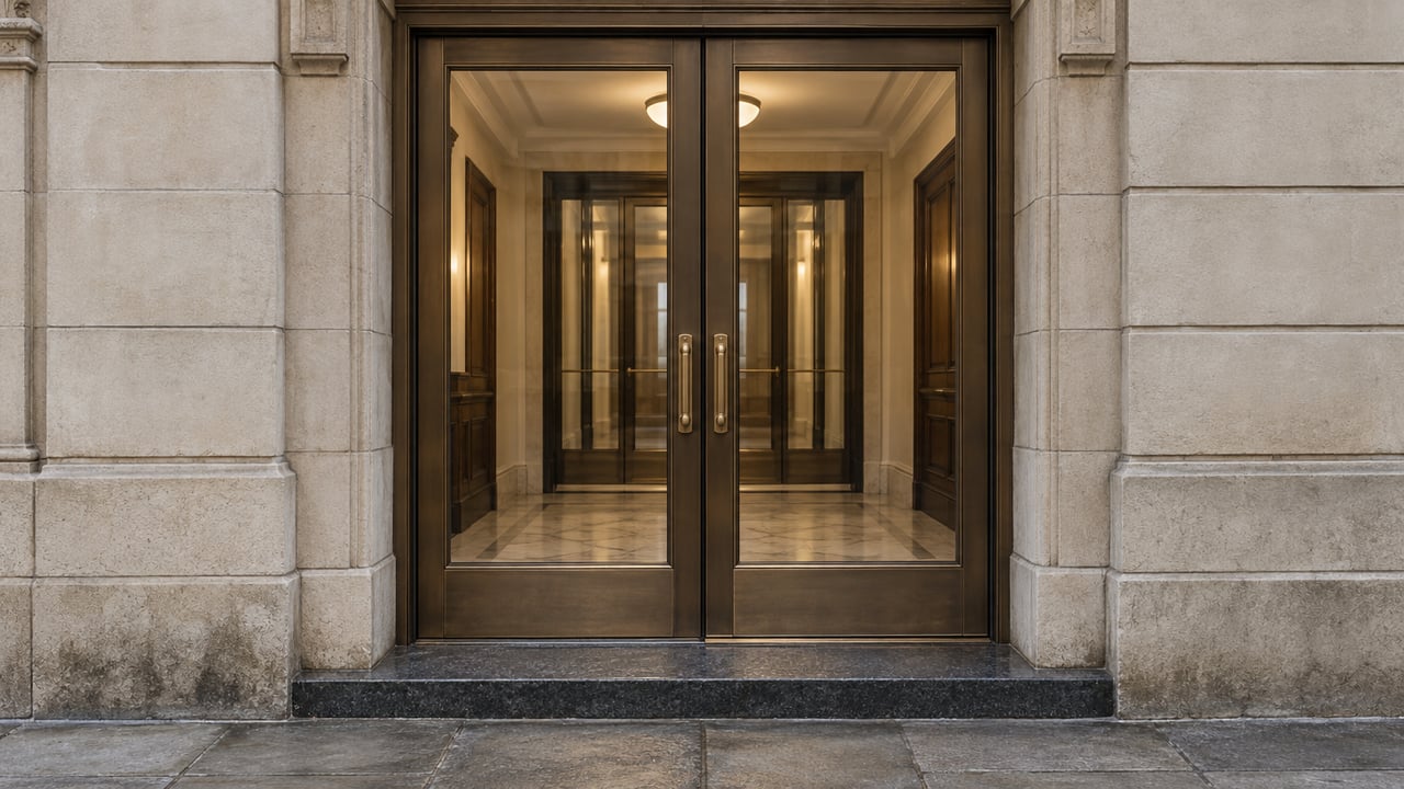 Buff limestone entrance with closed bronze-framed glass doors, warm lobby light, and worn pavement.