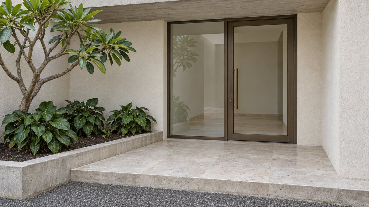 A bronze-framed glass entrance beneath a concrete canopy, beside a frangipani tree and planted bed with a raised concrete border.