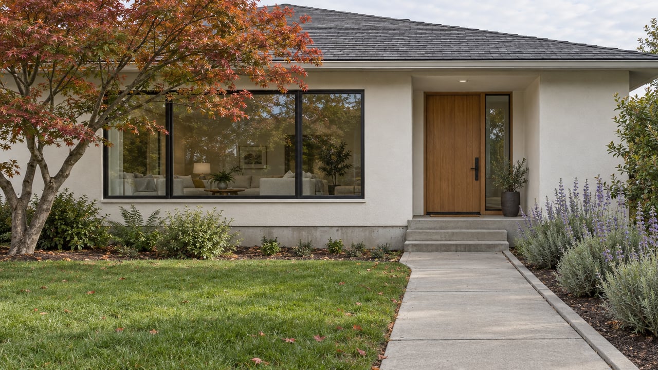 Updated single-story home with cream stucco, dark-framed windows and an oak entry beyond a deep front garden.