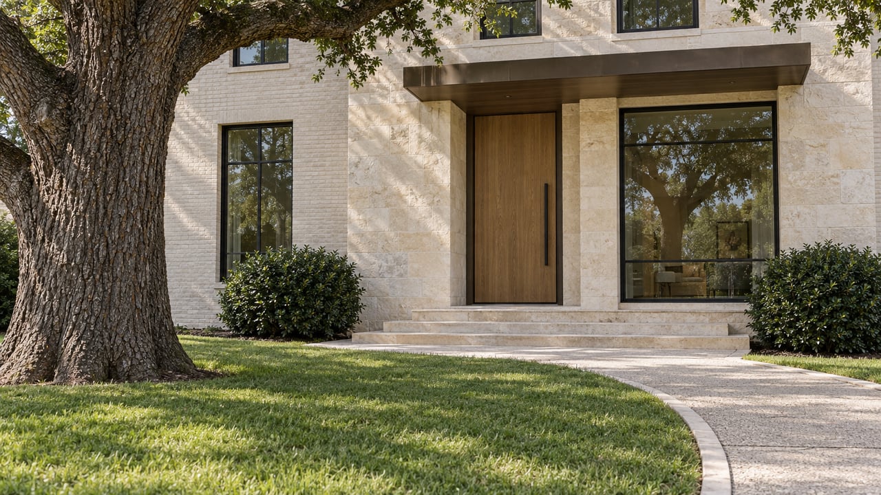 Renovated limestone-and-brick home with a bronze canopy, curved walkway, lawn, and mature oak tree.
