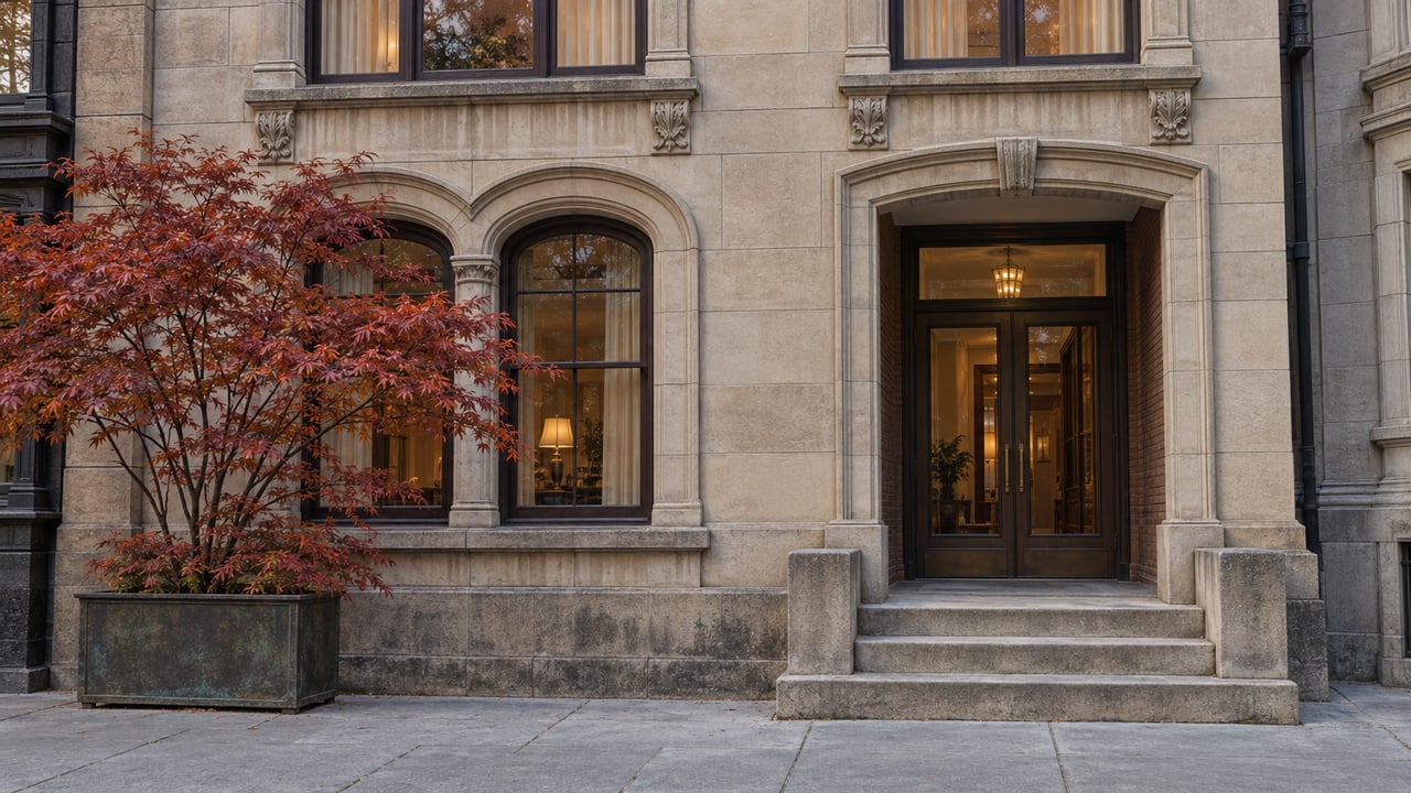 Weathered limestone residence with arched windows, bronze entrance doors and a copper-red Japanese maple beside stone steps.