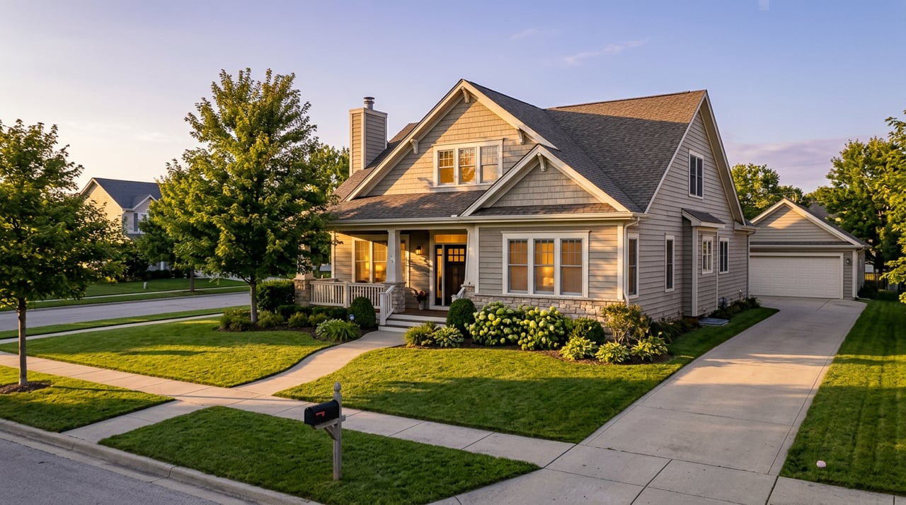 Gray suburban home with black-framed windows, a covered porch, and magnolias along the lawn.