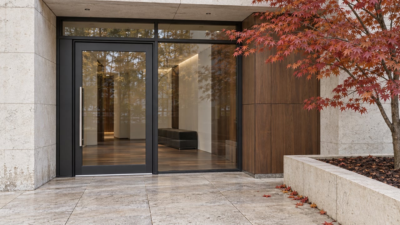 A glazed residential entrance framed in limestone and warm metal, with a copper-red Japanese maple beside the stone approach.