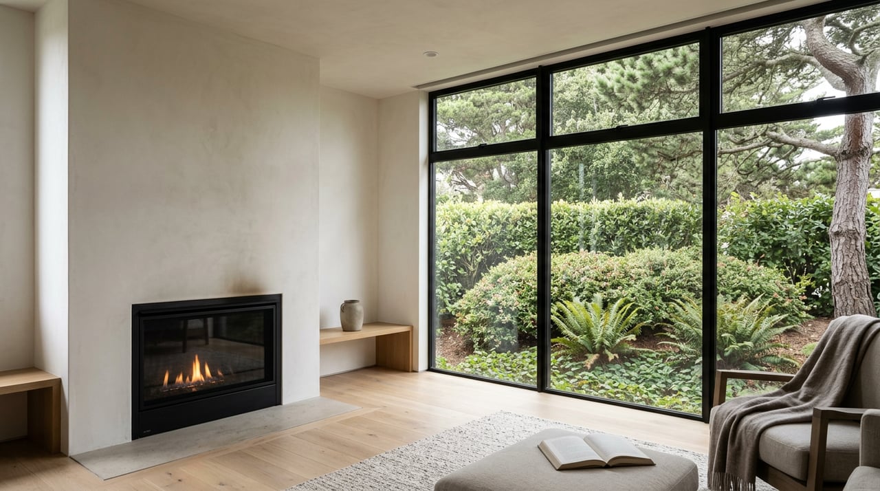 Plaster fireplace with a low flame beside black-framed windows overlooking coastal planting.