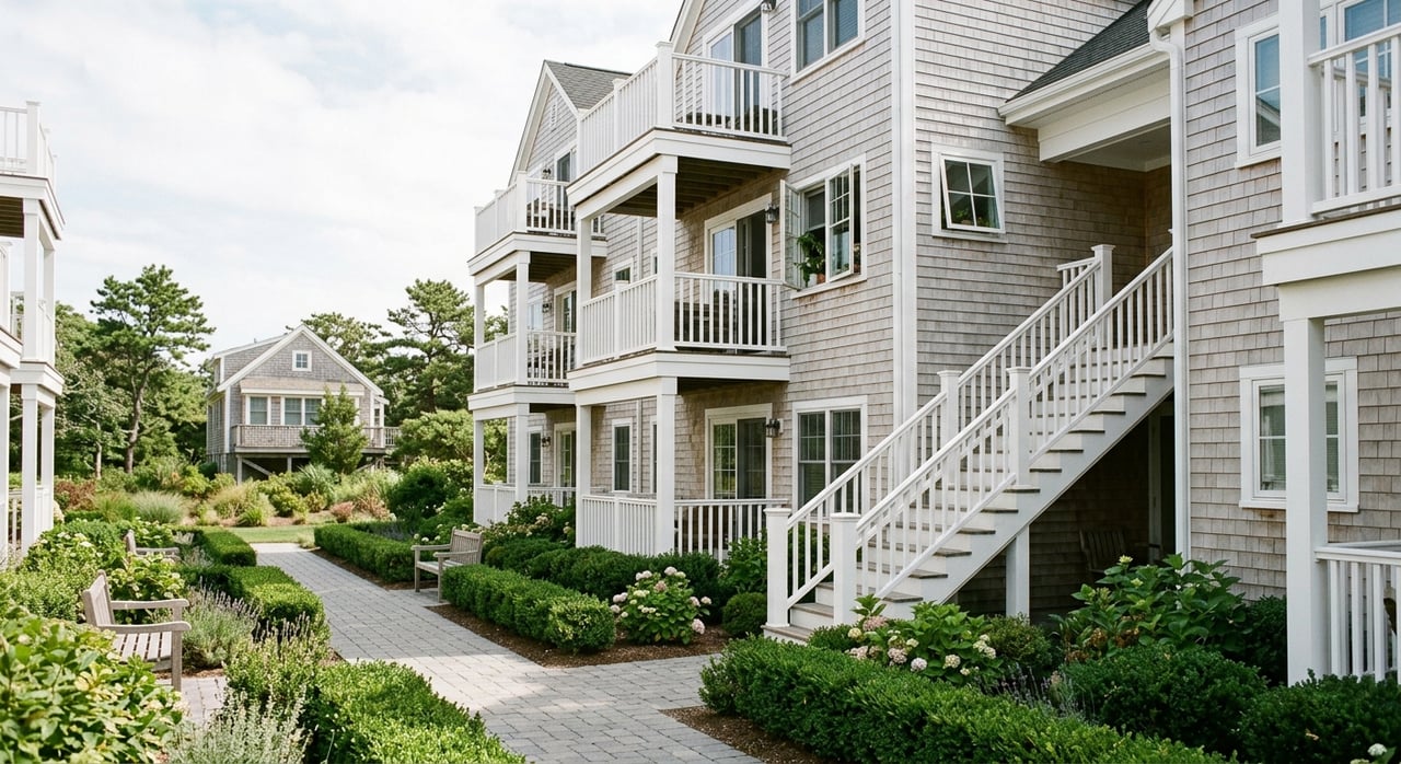 Condominium facade with shared white stairs and stacked balconies, paved courtyard, and cottage beyond.