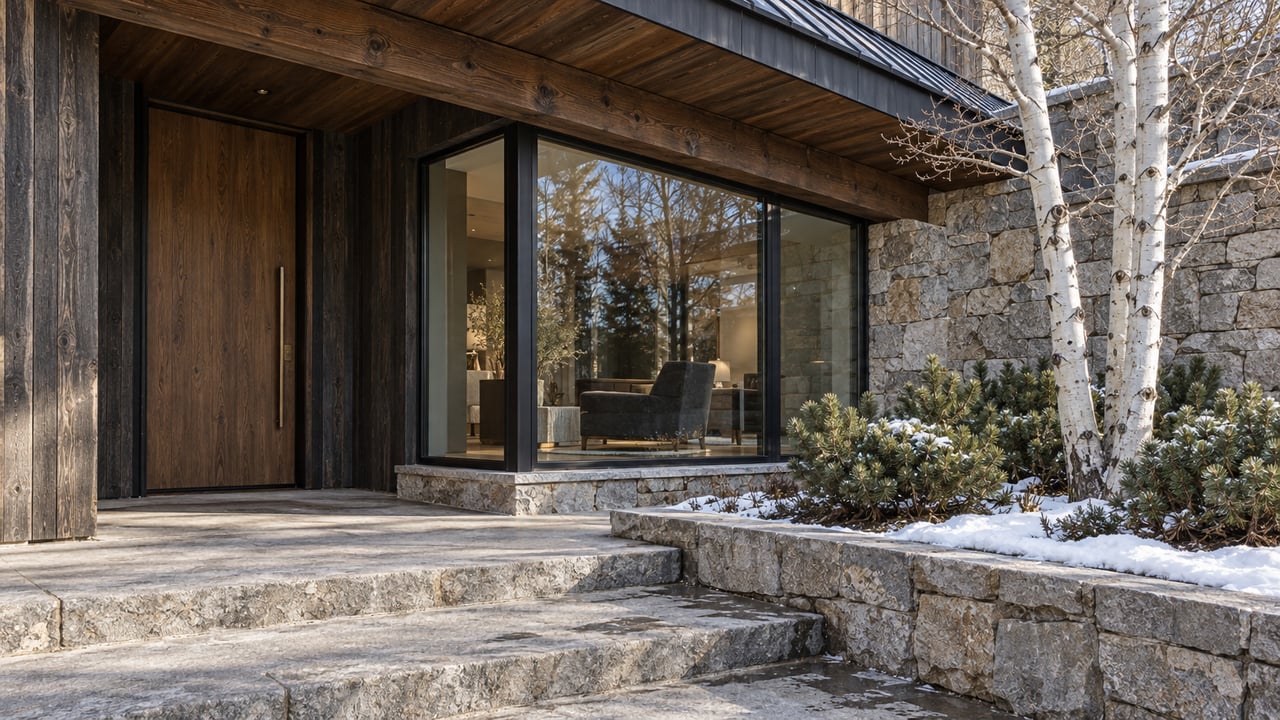 Timber-lined entrance and black-framed glazing beside quartzite masonry, with melting snow on a raised bed of dwarf pines and a bare aspen.