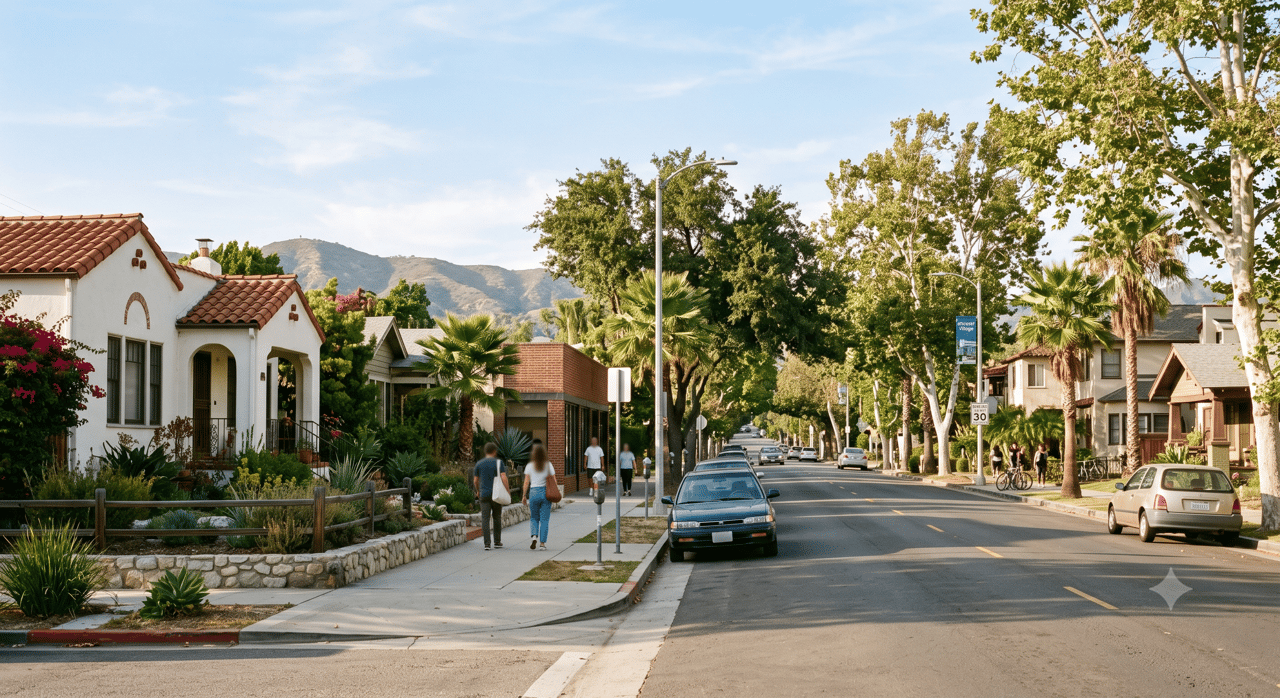 Tree-lined neighborhood street with Spanish-style homes, palm trees, pedestrians, and distant hills.