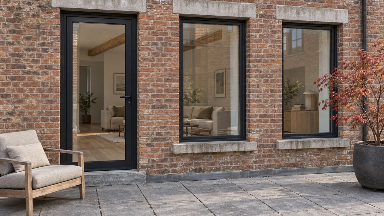 A compact stone-paved residential terrace with an oak lounge chair, a copper-leaved Japanese maple and tall black-framed windows in weathered brick.