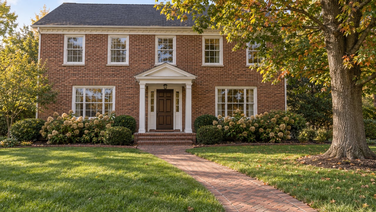 Traditional two-story brick home with white trim, a generous front lawn, brick approach and mature oak.