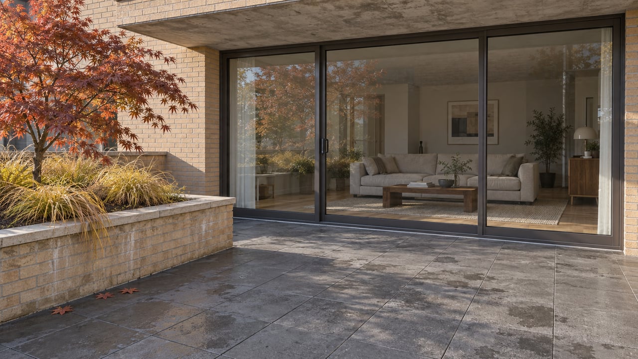 Autumn maple beside a brick condominium terrace with bronze-framed glazing and a softly furnished living room beyond.