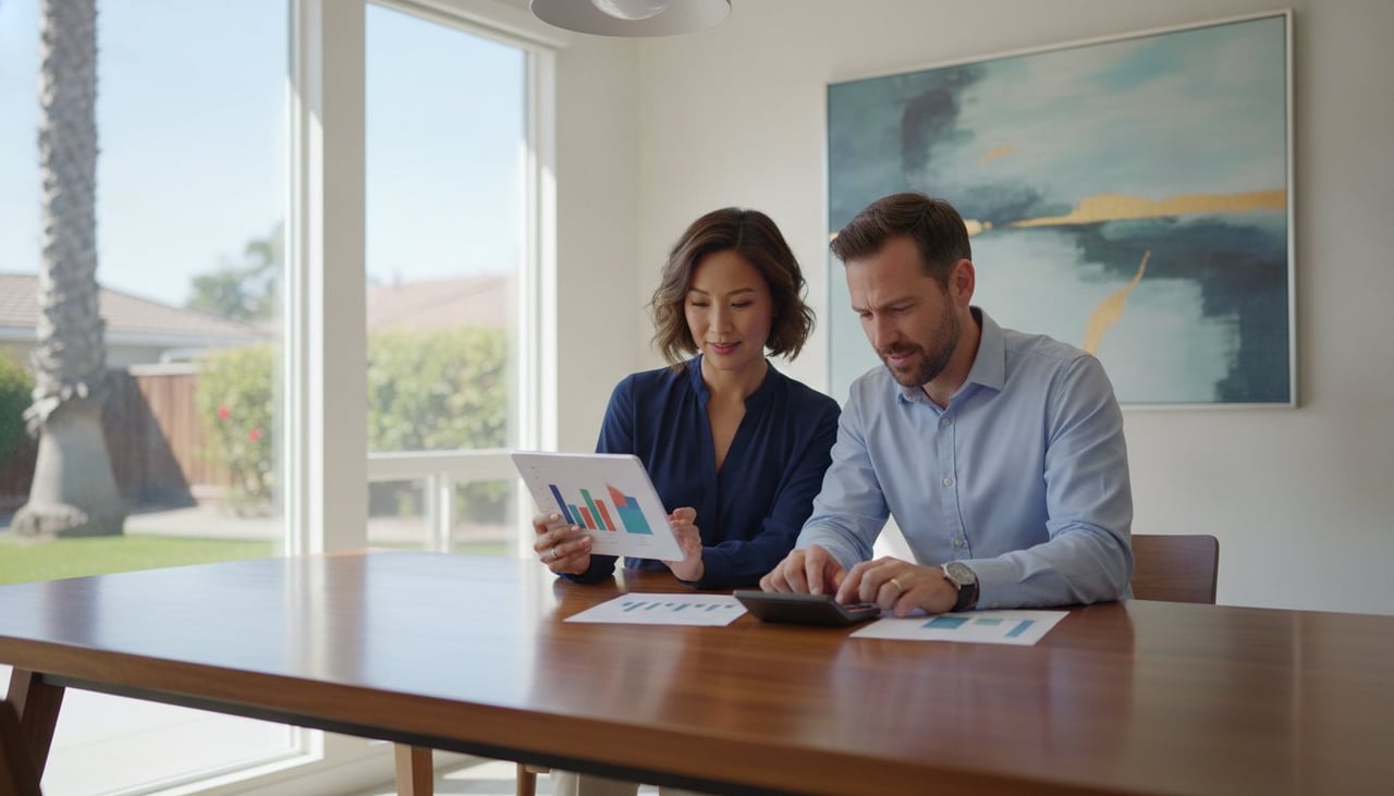 Two people review charts and use a calculator at a table in a bright home.