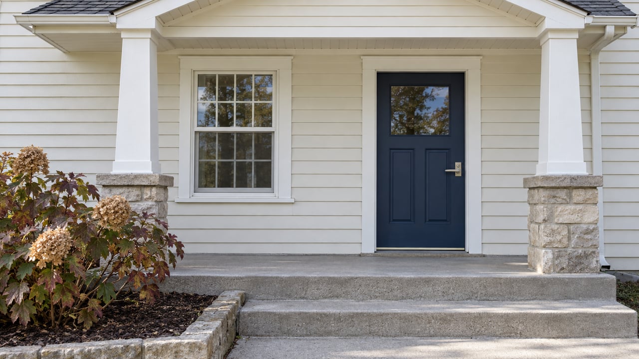 Cream clapboard home entry with a blue glazed door, white-trimmed window, concrete porch steps and autumn oakleaf hydrangea.