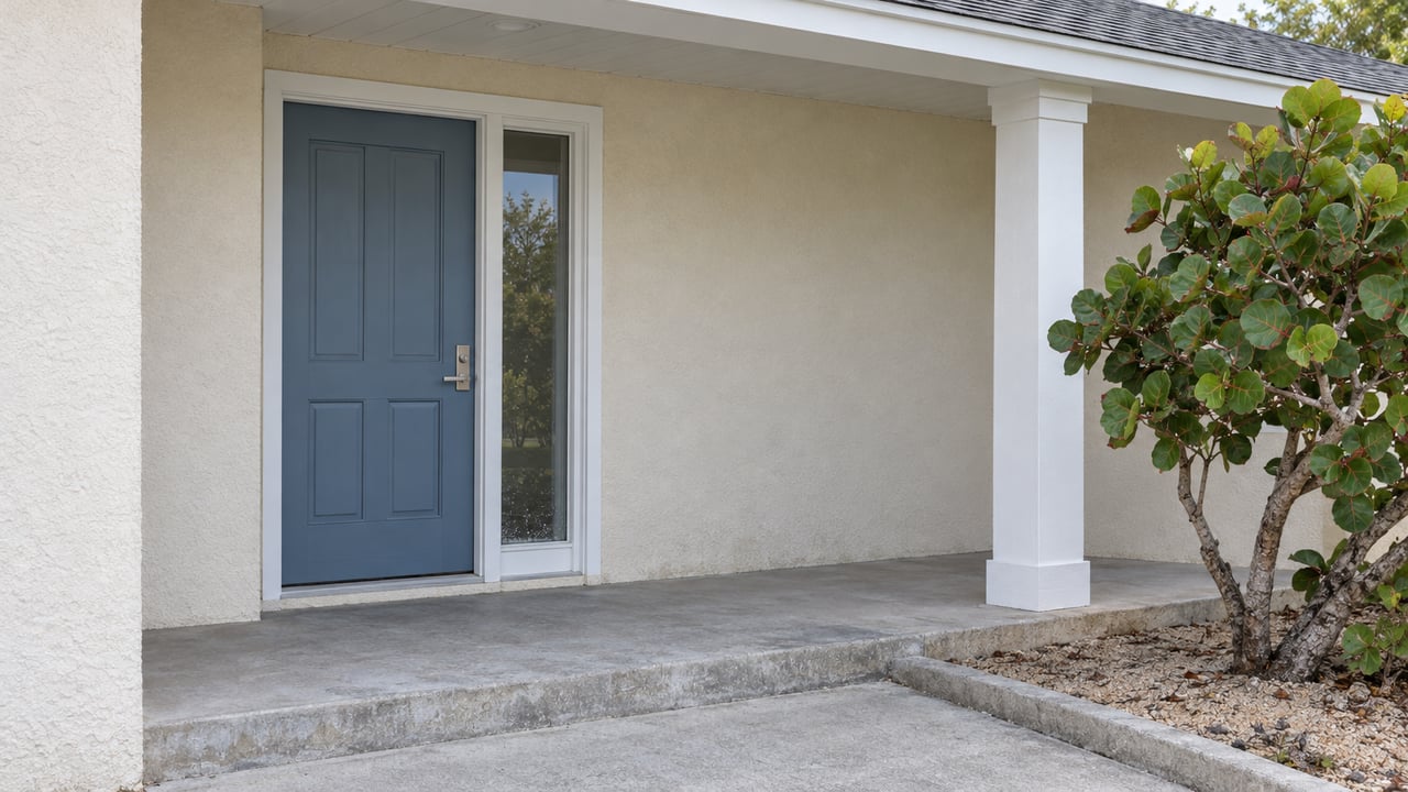 Covered home entry with pale stucco, a muted blue door, a concrete walk, and a sculptural sea grape beside the porch.