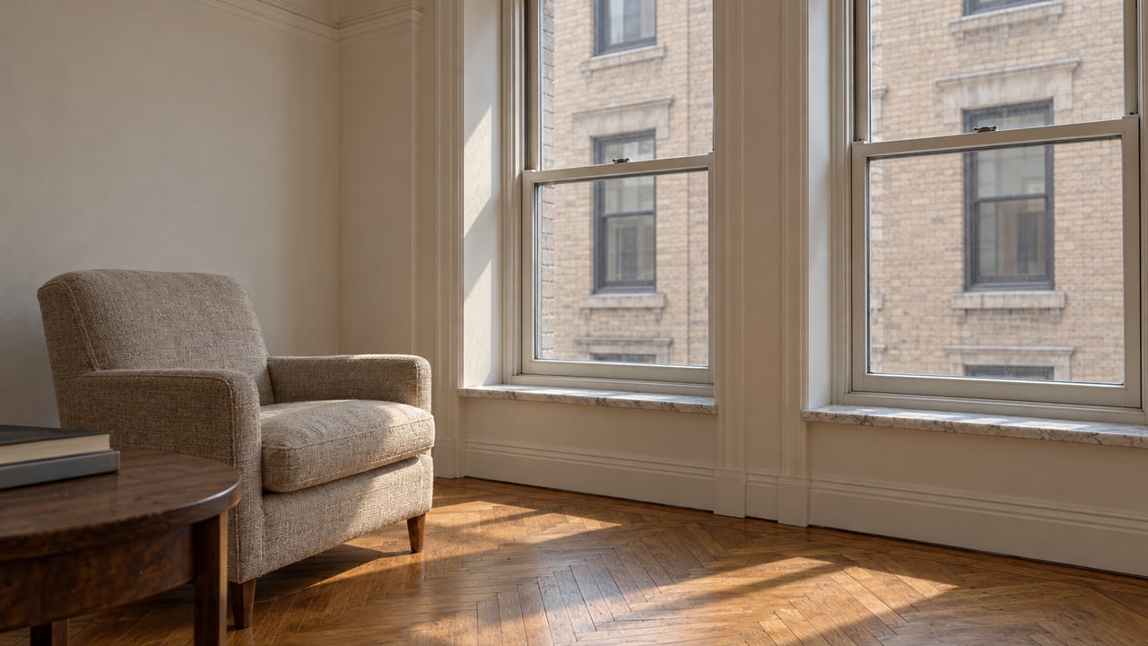 Quiet apartment corner with tall closed windows, ivory plaster cornice, an oatmeal armchair and worn oak herringbone flooring.