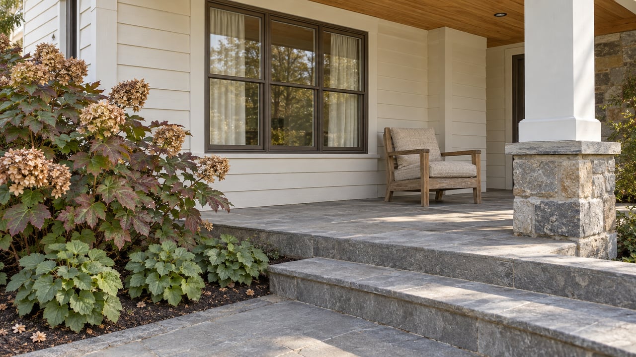 White wood-sided cottage porch with a bronze-framed window, teak chair, limestone steps and oakleaf hydrangea.