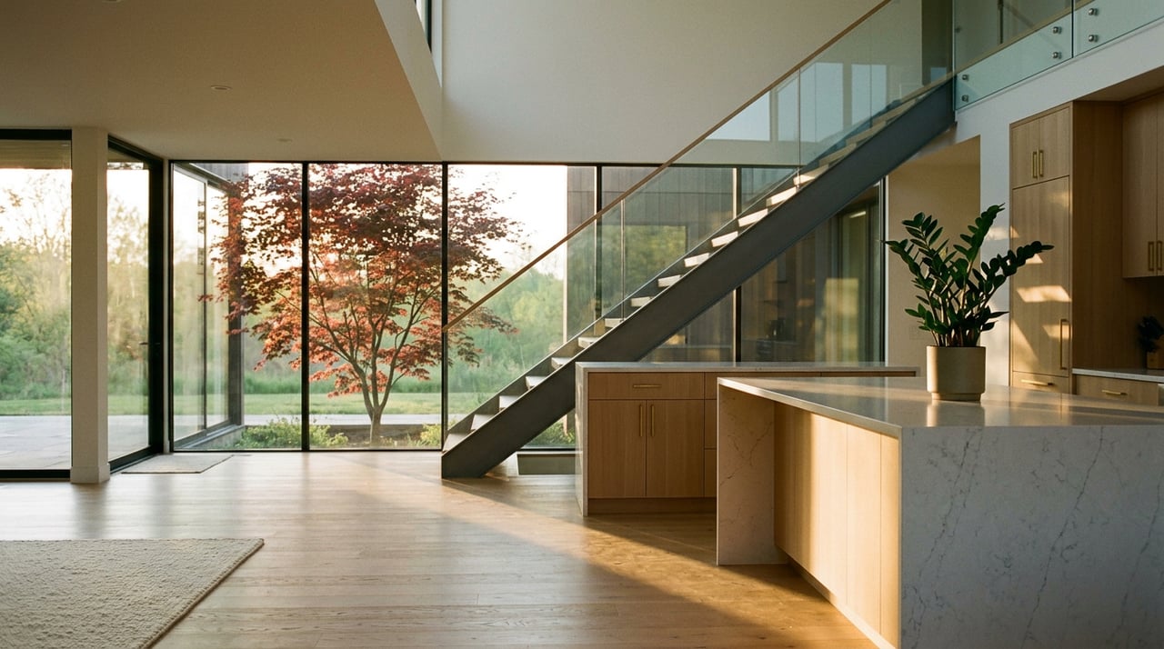 Open-plan kitchen with a quartz waterfall island, oak cabinetry, and a red-leafed Japanese maple beyond the glazing.
