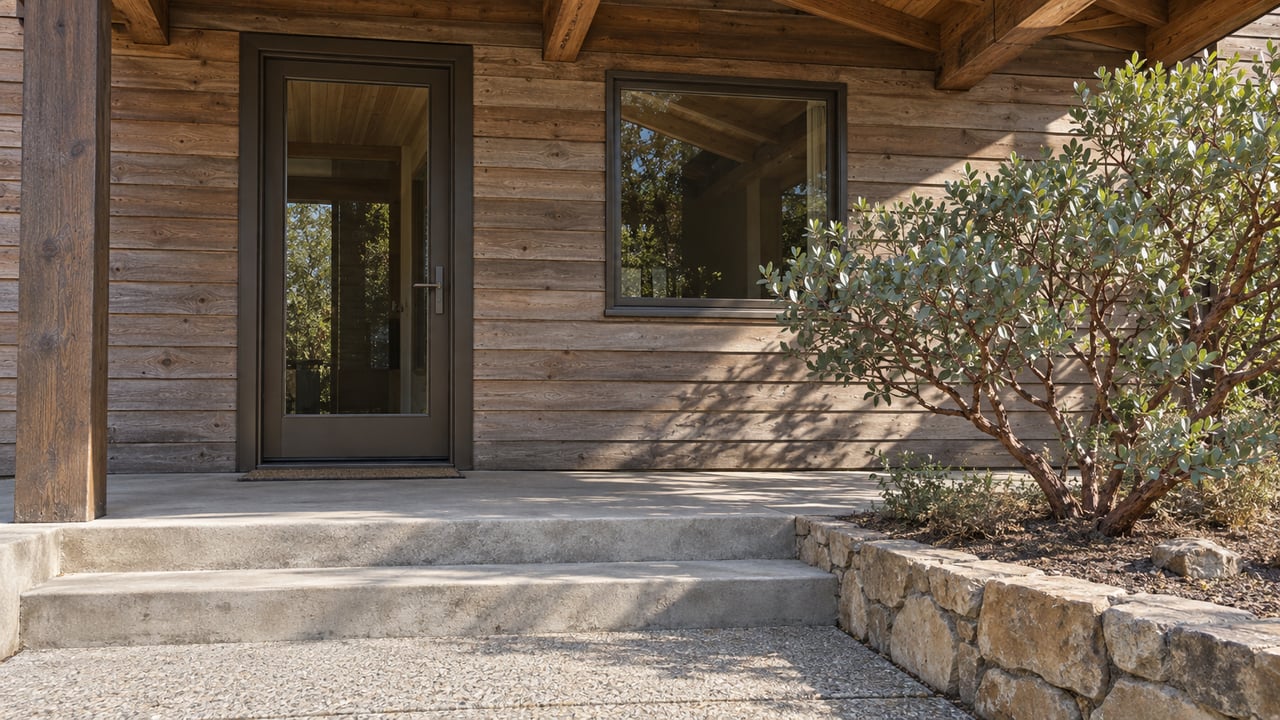 Sunlit weathered wood entry with a glazed door, concrete porch steps and a sculptural manzanita in a stone-edged planting bed.