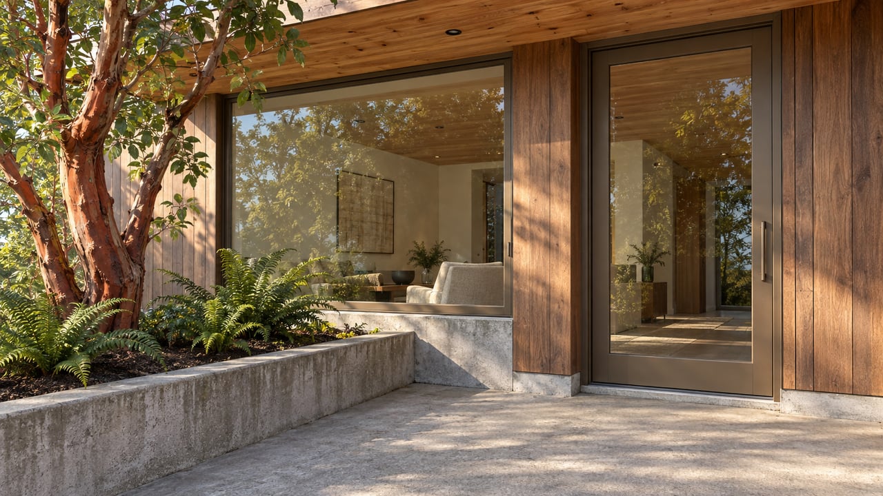 Morning light on a wood-clad home's glazed entry and concrete terrace beside a peeling red madrone trunk and sword ferns.